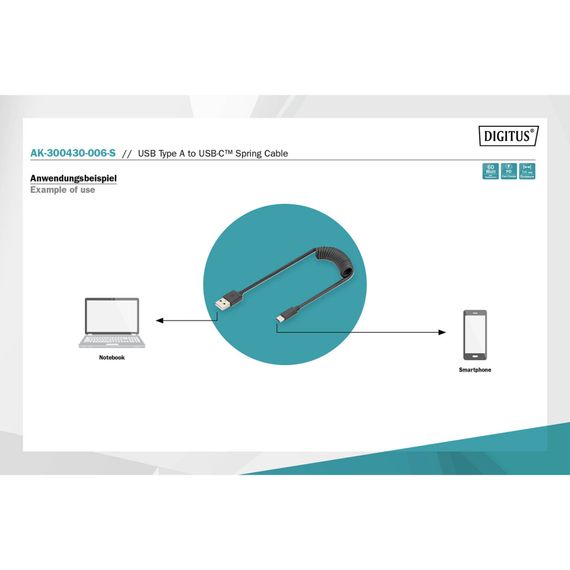 Дата кабель USB 2.0 AM to USB-C 1.0m (0.32m) spiral black Digitus (AK-300430-006-S) | Зображення 4