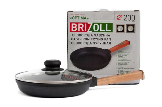 Сковорода чугунная Brizoll Optima 20 см O2035-P-C со стеклянной крышкой для всех плит