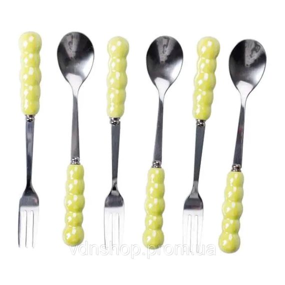 Набір десертних виделок і ложок на 3 персони з підставкою з порцелянау 7 предметів Зелений HP-20-58 | Зображення 3