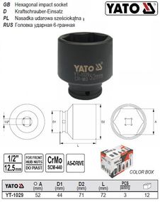 Головка ударна для ступиць 6 гранна 1/2" М52х72 мм Польща YATO YT-1029