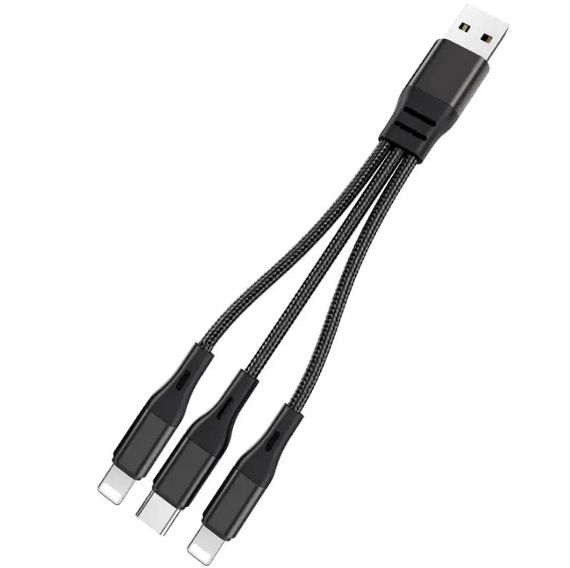 USB кабель Primo X47-3 3-in-1 Type-C / 2 x iPhone короткий 20см - Black | Зображення 1