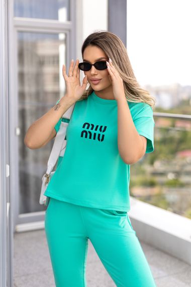 Женский летний спортивный костюм с футболкой и штанами GF1787 цвет бирюзовый размер 50/52 | Зображення 3