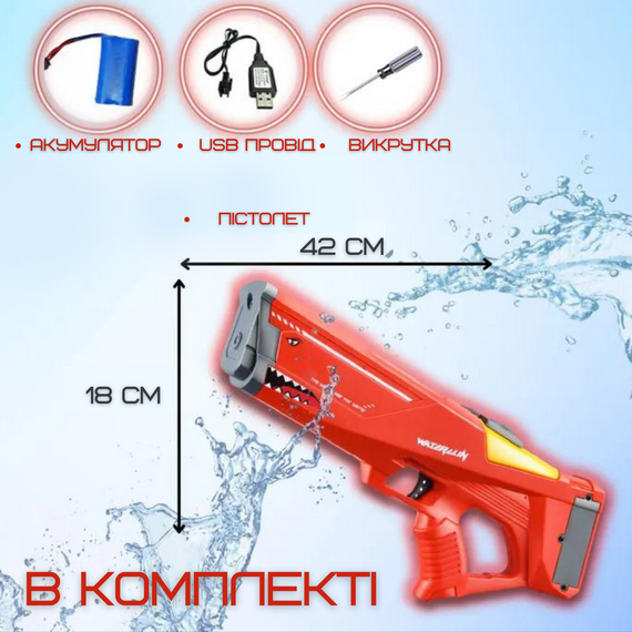 Водний Бластер на Акумуляторі Електричний Дитячий Водяний Пістолет Акула Червоний | Зображення 5