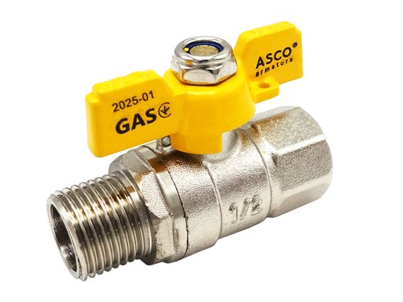 Кран кульовий нікель для газу Nickel PRO 1/2" ЗВ PN20 жовтий метелик  ASCO 1/26 | Зображення 1