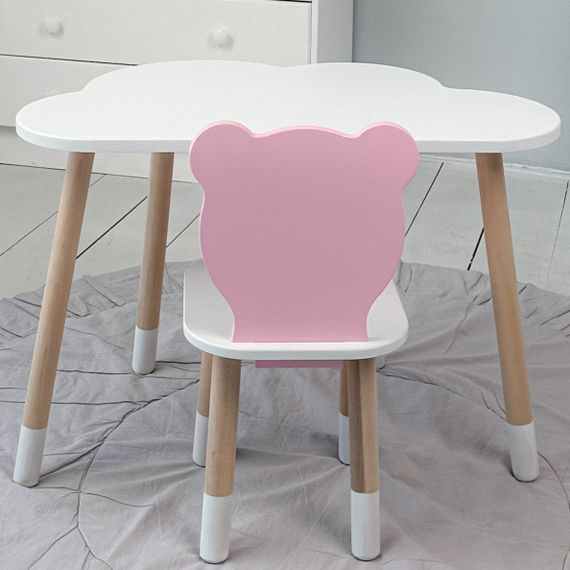 Дитячи білий стіл хмарка і стільчик ведмедик дитячий рожевий. Дитячий столик білосніжний. | Зображення 1