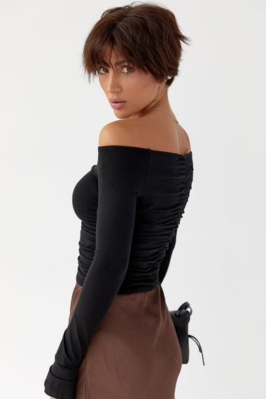 Короткий лонгслів із драпіруванням - чорний цвет, M (є розміри) | Зображення 1