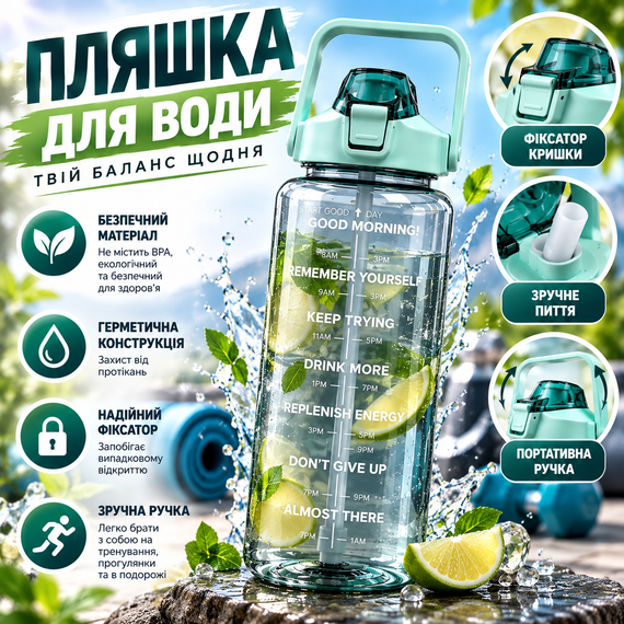 Спортивная бутылка для воды SPORT 2 л BPA-free с мотивирующей шкалой, ручкой и фиксатором, зеленый градиент | Зображення 7
