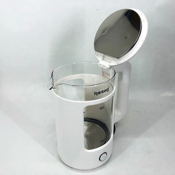 Електрочайник Rainberg RB-2220 скляний дисковий прозорий. Чайник із підсвічуванням 2200W. WA-312 Колір: білий