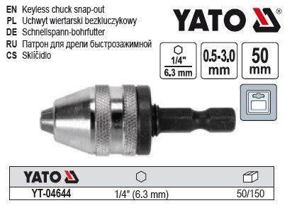 Патрон для дрели YATO Польша HEX 1/4" Ø=0.5-3 мм L= 50 мм металл YT-04644 | Зображення 1