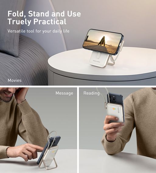УМБ Choetech Magnetic Wireless 10000mAh 20W PD USB-C In/Out, Qi-15W,buid-in cabel White | Зображення 3