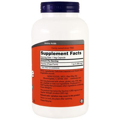 Аминокислота Now Foods Таурин, Taurine, 1000 мг, 250 вегетарианских капсул (NOW-00143) | Зображення 1