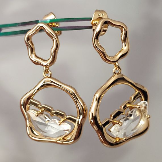 Сережки медицинское золото, розмір 38/22 мм, вага 9,5гр белые фианиты