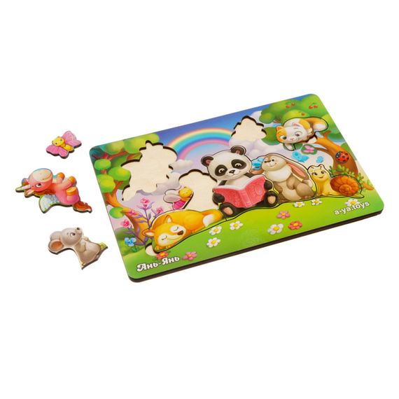 Дерев'яний пазл-вкладиш "Звірі на лісовій галявині" Ubumblebees (ПСД177) PSD177, 9 деталей | Зображення 1