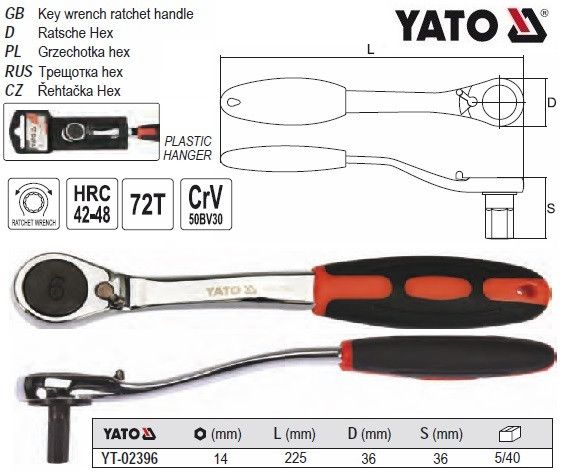 Трещотка ключ YATO Польша тріщатка шестигранна вигнута HEX14 HRC 42-48 YT-02396