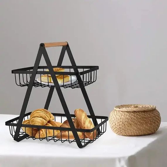 Настольная двухъярусная корзина - фруктовница с деревянной ручкой Double Fruit Basket | Зображення 2