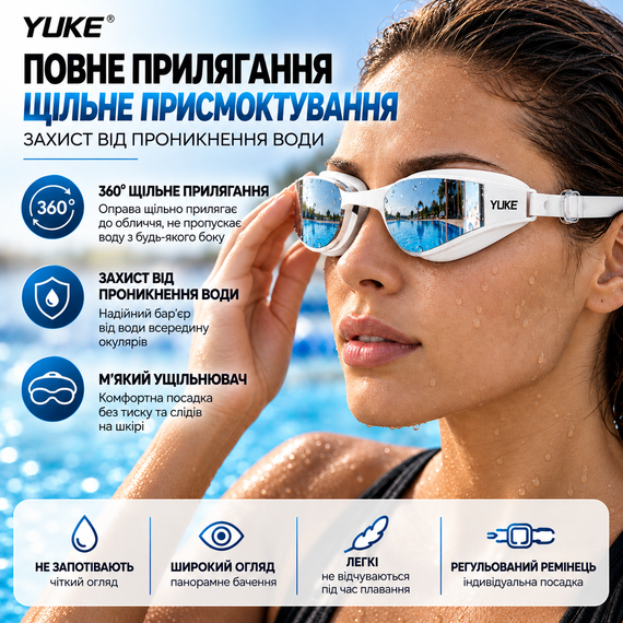 Набор для плавания YUKE: зеркальные очки Anti-Fog с силиконовой шапочкой, белые с белым ремешком | Зображення 8