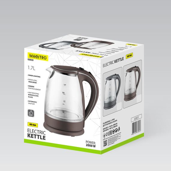 Електрочайник скляний Maestro MR-064-BROWN, 1.7 л, 2000 Вт, з підсвіткою | Зображення 4