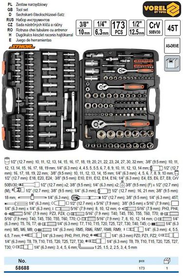 Набір головок торцевих STHOR 1/2" 173 штуки VOREL-58688
