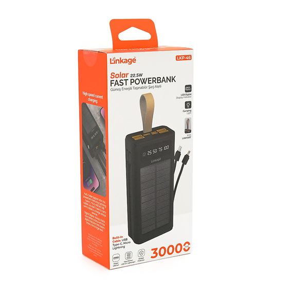 Power bank Linkage LKP-46, Solar 30000mAh, 22.5W, Кабелi Туре-С+Lighting, 0.70 kg, Black, Box | Зображення 1