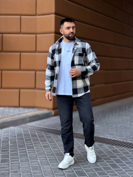 Теплая мужская байковая рубашка в клетку на пуговицах размер L цвет черный Vi1048 | Зображення 1