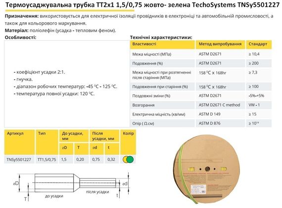 Термоусадочна трубка ТТ2х1 1.5/0.75 жовто-зелена в рулонах 200м Ny95501227 | Зображення 1
