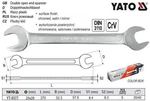 Ключ рожковый рижковий CrV М=25х28 l=270 мм YATO Польща YT-0377