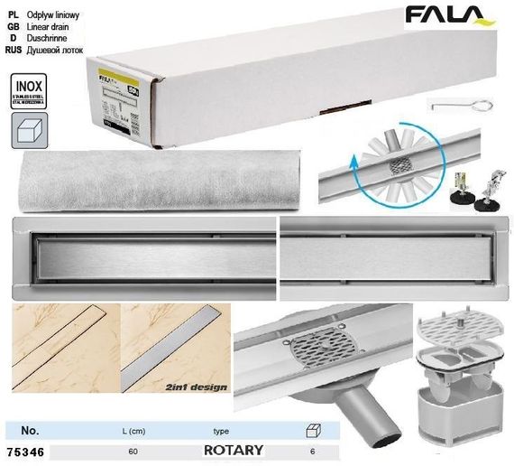 Трап для душу підлоговий ROTARY нержавійка 60 см поворотний сифон FALA-75346