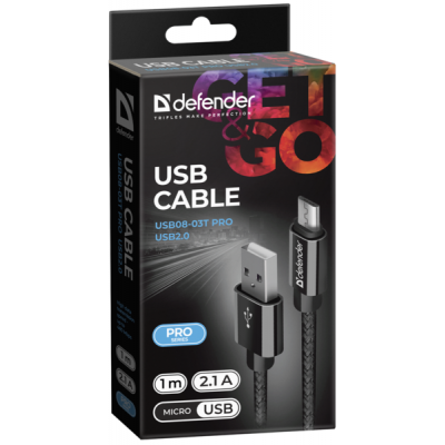 Кабель Defender USB08-03T PRO USB2.0, AM-MicroBM Black, 1m (87802) (87802) | Зображення 2