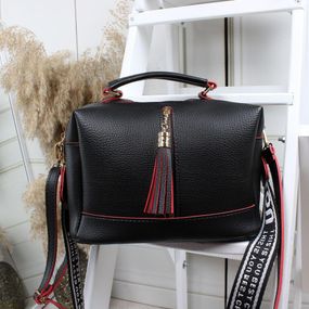 Сумка саквояж через плечо крос-боди 2 отделения тканевый ремень Черная с красным краем