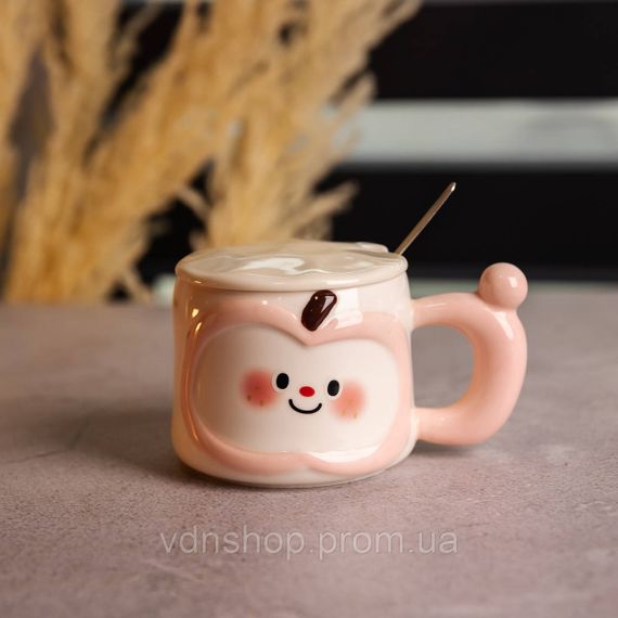 Чашка порцелянова 400 (мл) з кришкою та ложкою, оригінальна кружка на подарунок чашка для дітей Рожевий FM-25C | Зображення 1