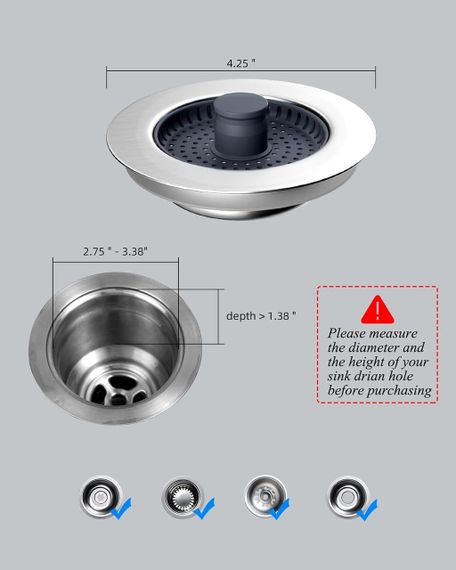 Зливна пробка-фільтр для кухонної мийки 2 шт, заглушка для раковини 70-86 мм, для утримування води, запаху, фільтрації відходів | Зображення 5