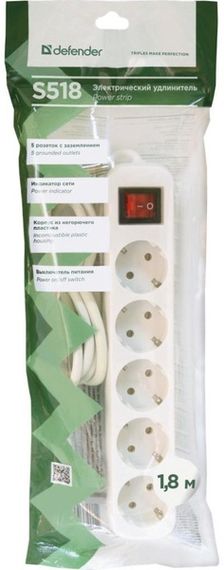 Мережевий подовжувач Defender S518 1.8 m 5 роз switch white (99241) | Зображення 3