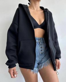 Женский теплый худи на флисе оверсайз BF1129 размер 48/52, цвет черный