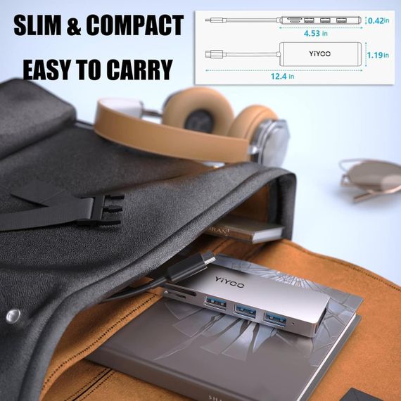 YIYOO 6-в-1 USB-C хаб, HDMI 4K@30Hz, 3x USB 3.0, SD/TF, адаптер для MacBook, Surface, XPS, PS5, Xbox, ноутбуків | Зображення 4