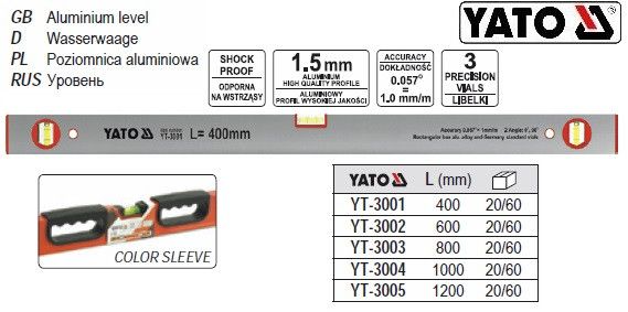 Уровень алюминий YATO Польша 3 глазка l=600 мм YT-3002