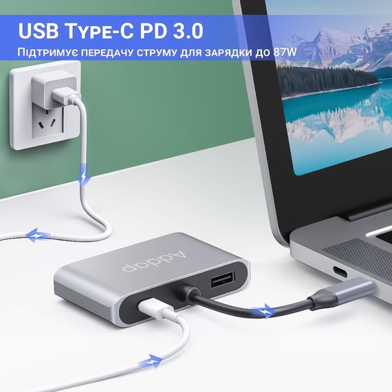 4в1: мультифункциональный адаптер для ноутбука USB Type-C хаб Addap MH-02: HDMI + VGA + USB 3,0 + USB-C PD | Зображення 4