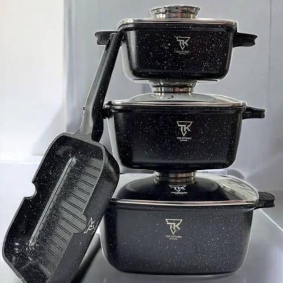 Набор квадратных кастрюль крышками + сковорода 7 предметов Top Kitchen TK000103 Черный