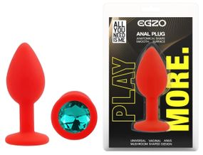Анальна пробка EGZO Silicone Round Plug S з бірюзовим кристалом, червона Sex Aura