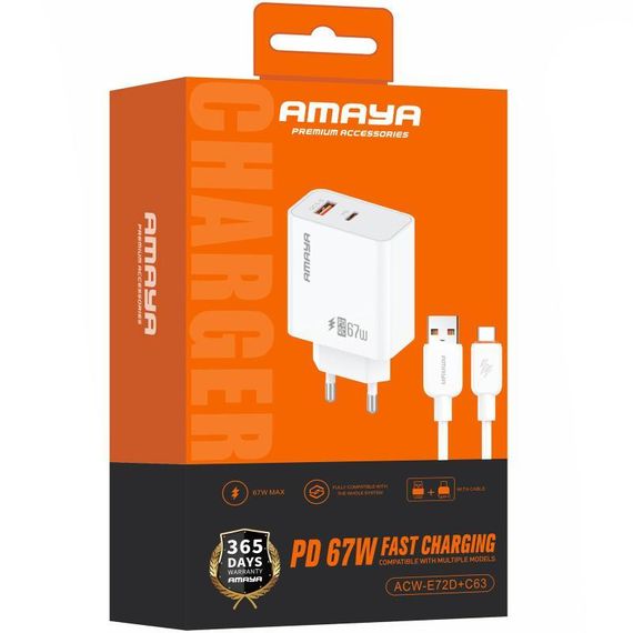 МЗП Amaya E72D PD67W+QC3.0 (1USB-A/1C) + кабель USB to Type-C White | Зображення 1