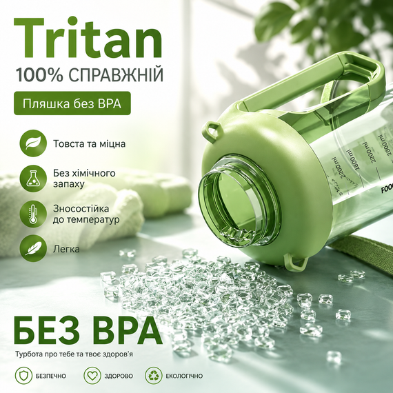 Спортивная бутылка для воды Tritan 2200 мл с ручкой и ремешком, Зеленая (Тритановая бутылка большой емкости) | Зображення 2