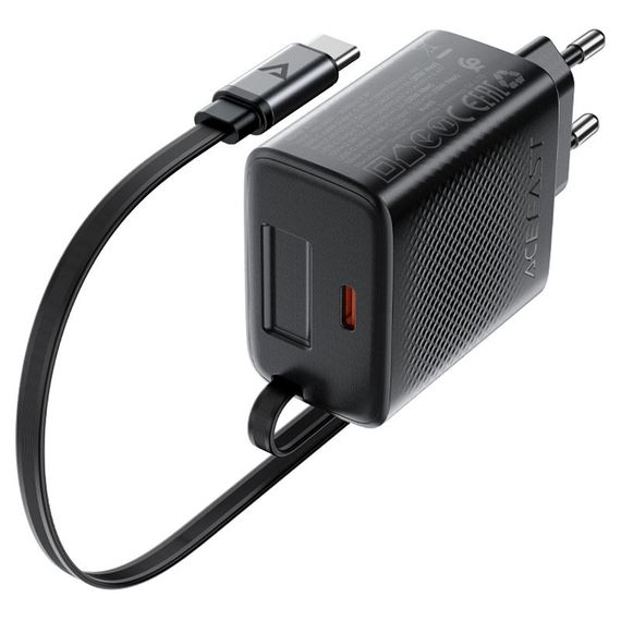 СЗУ Acefast A110 GaN With Retractable Cable Type-C PD30W (1USB-C) Black | Зображення 2
