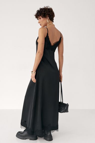 Атласна сукня на бретелях із мереживом - чорний цвет, ONE SIZE (є розміри) | Зображення 1
