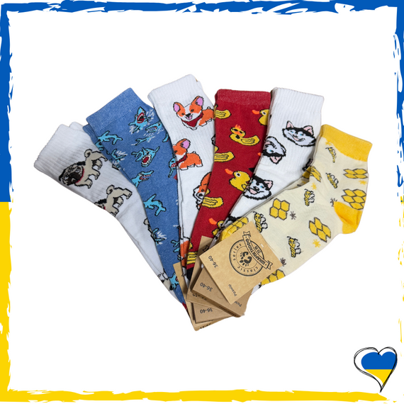 Носки с интересными принтами (мопс, корги, акула, утка, хаски, мед) (набор 6 шт) 36-40