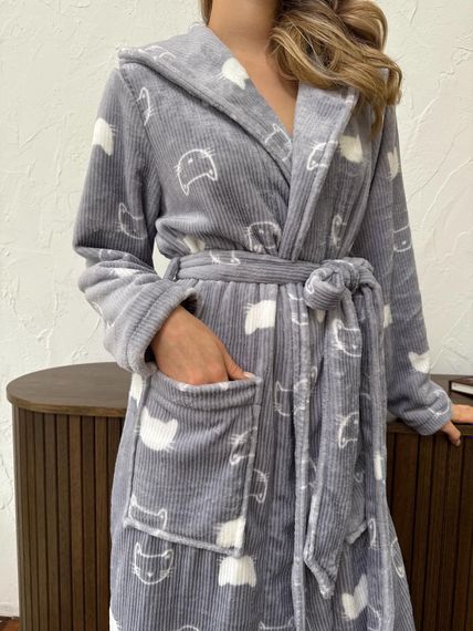 Жіночий халат з капюшоном COSY теплий Котики, велсофт | Зображення 1
