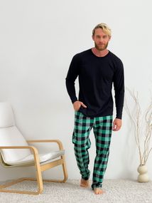 Домашня піжама для чоловіків COSY із фланелі (штани+лонгслів) зелено/чорний