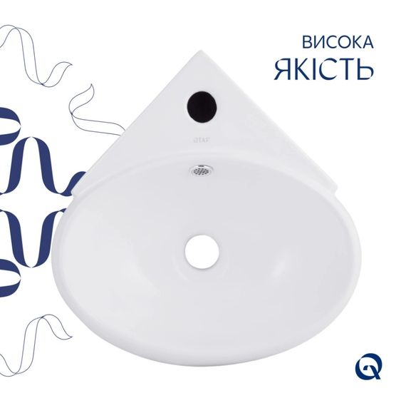 Раковина підвісна Qtap Leo N 380x360x130 мм, White, кутова, овальна, без донного клапана QT11115010WN | Зображення 5