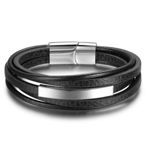Мужской кожаный браслет Primo Jewelry Punk с магнитной застежкой - Silver