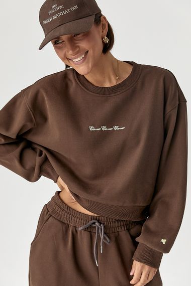 Спортивний костюм із плюшевим начісом з коротким світшотом та штанами палаццо - коричневий цвет, M/L (є розміри) | Зображення 2