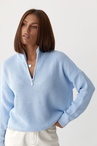 В'язаний светр із блискавкою на горловині - блакитний цвет, ONE SIZE (є розміри)