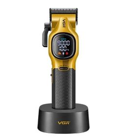 Универсальная машинка для стрижки VGR V-886C GOLD с 6 насадками професиональная аккумуляторная на подставке LED-дисплей Золотистая